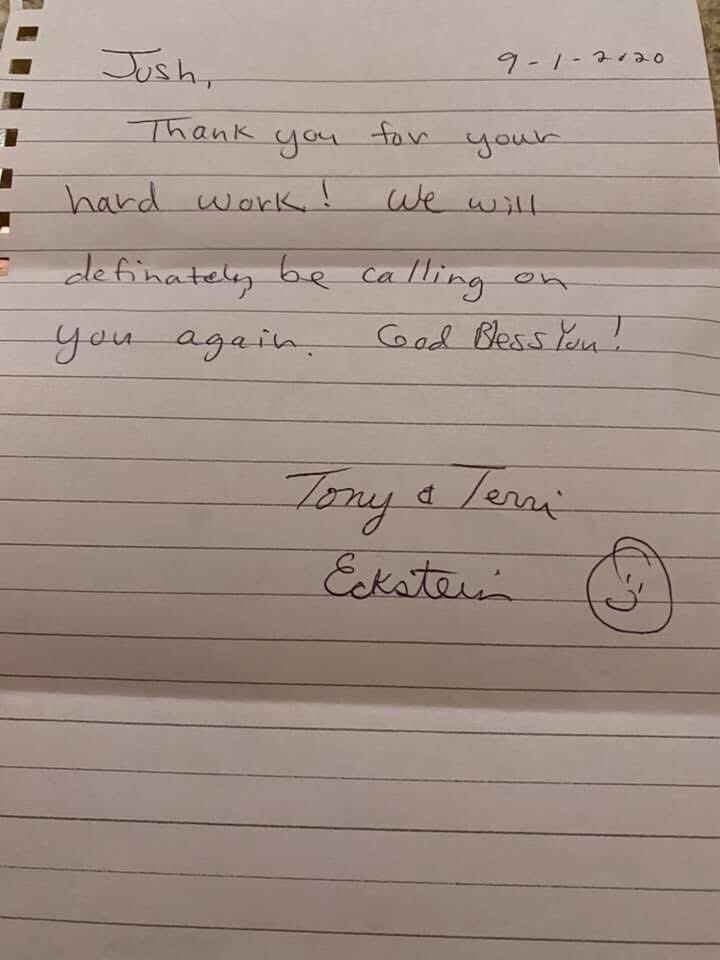 Handwritten thank-you note from Tony and Terri Eckstein to Josh Walker